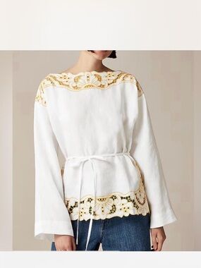 J. Crew White Linen Top with Gold Embroidered Trim